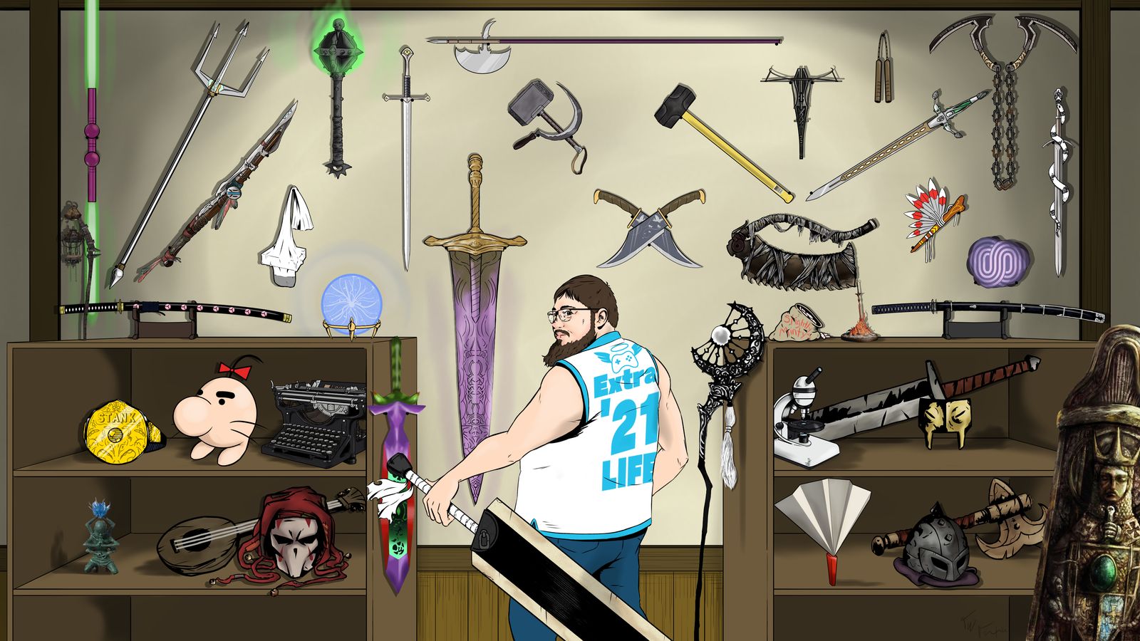 Extra Life 2021 art: Sword in an Extra Life jersey in front of a wall of legendary weapons and trophies.