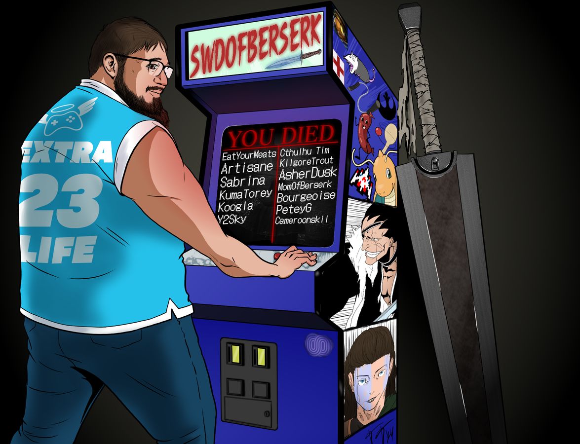 Extra Life 2023 art: Sword in an Extra Life jersey at a SwdofBerserk arcade cabinet whose YOU DIED screen lists community names.